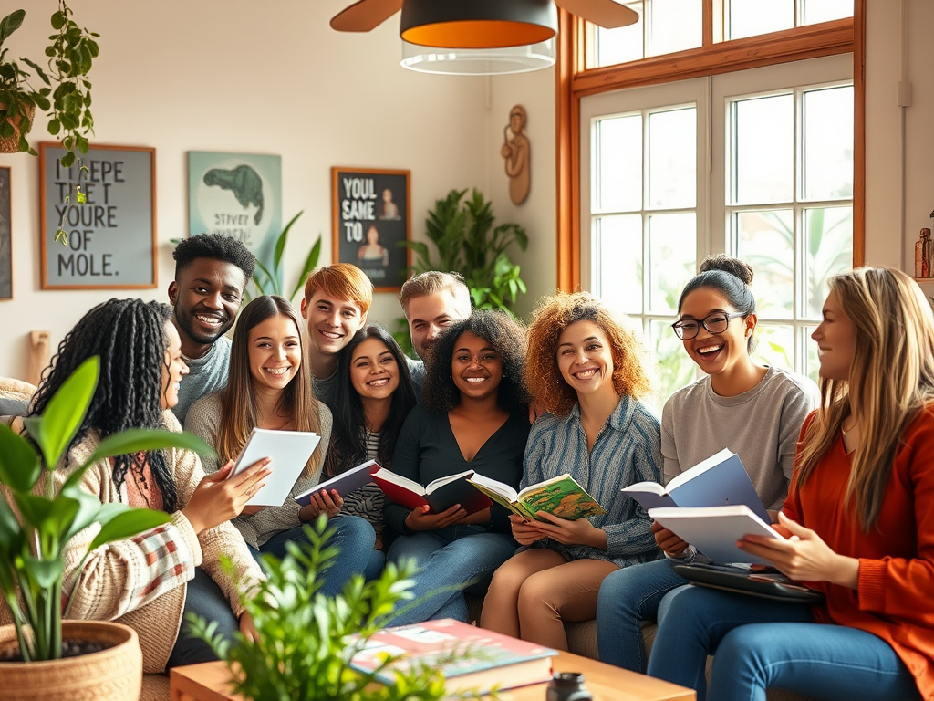 A diverse group of smiling people "sharing experiences" in a cozy, warm room "with soft sunlight" streaming through large windows, "holding books and notebooks," surrounded by plants and motivational decor, exuding inspiration and support.
