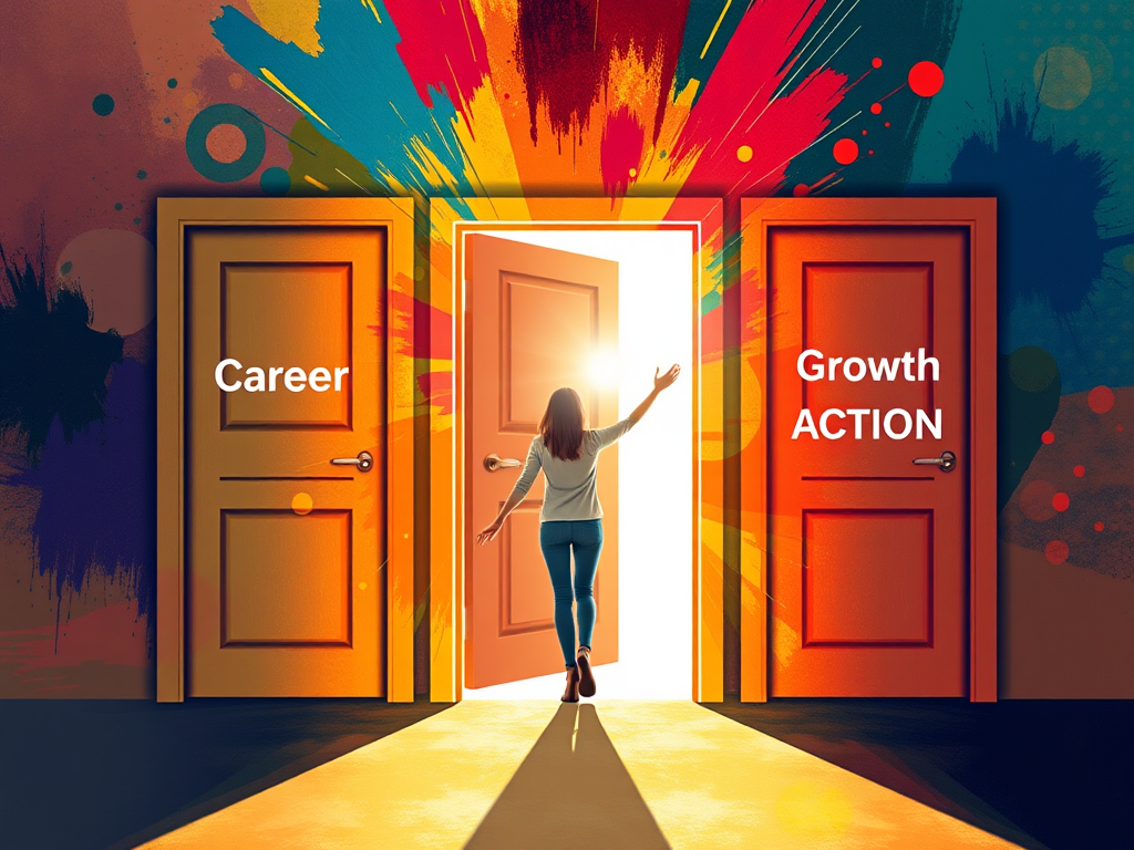 "three symbolic doors" "each representing career, growth, action" "surrounded by vibrant colors and abstract patterns" "a person confidently walking through the middle door" "radiating light and hope around them"
