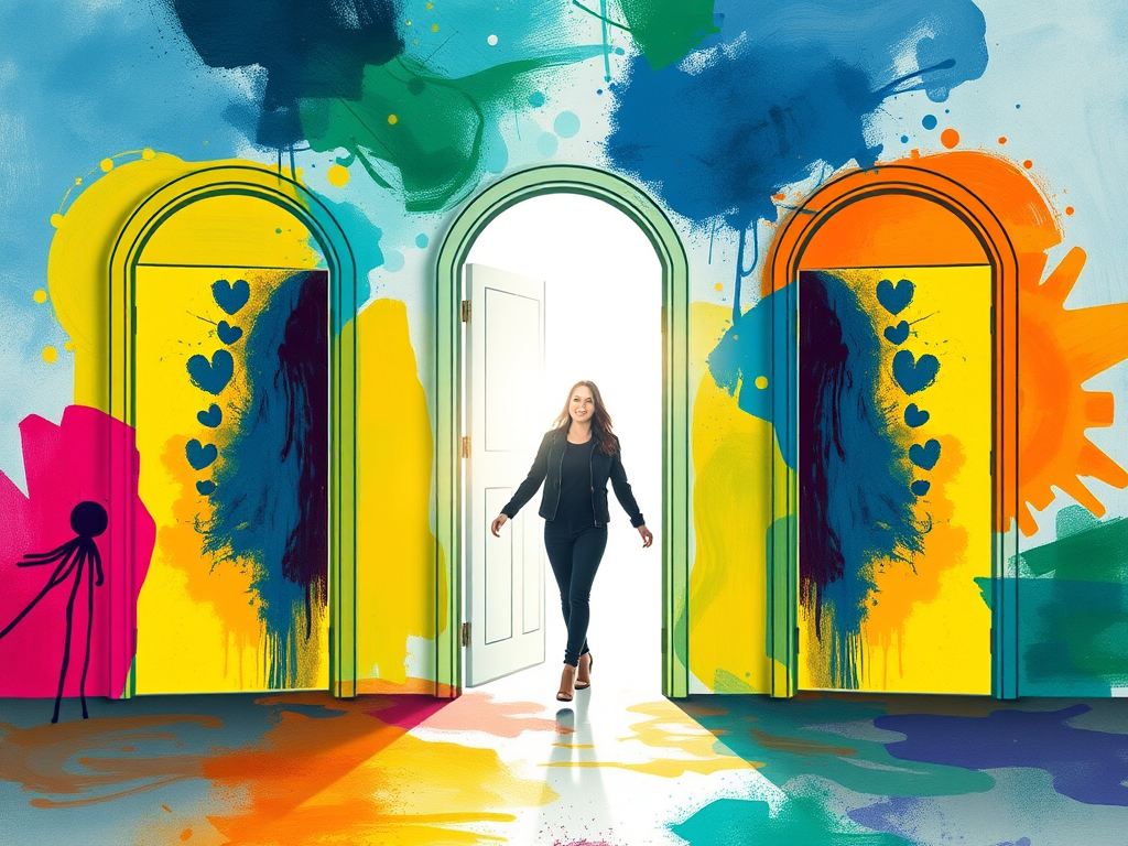 "three symbolic doors" "each representing career, growth, action" "surrounded by vibrant colors and abstract patterns" "a person confidently walking through the middle door" "radiating light and hope around them"