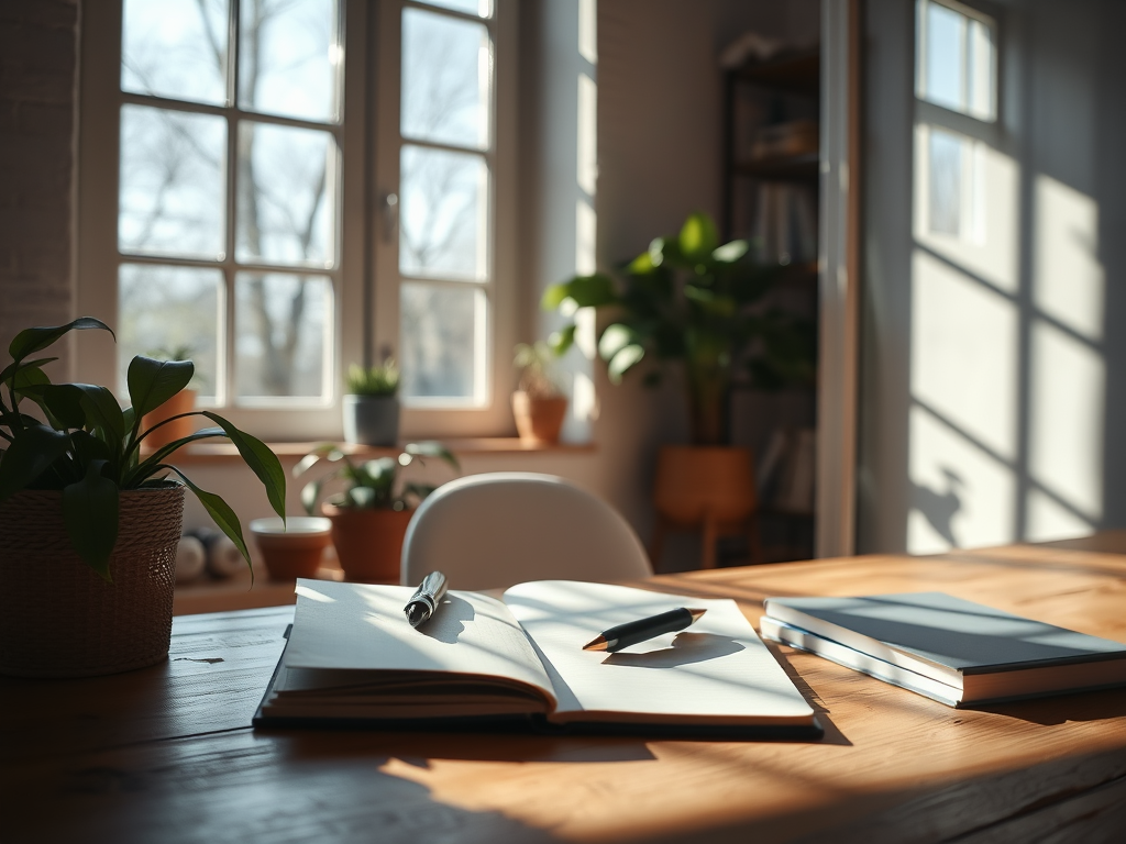 "a serene workspace" with "sunlight streaming through large windows," "a journal open with a pen resting on it," "soft plants nearby," and "calm, inspiring atmosphere."