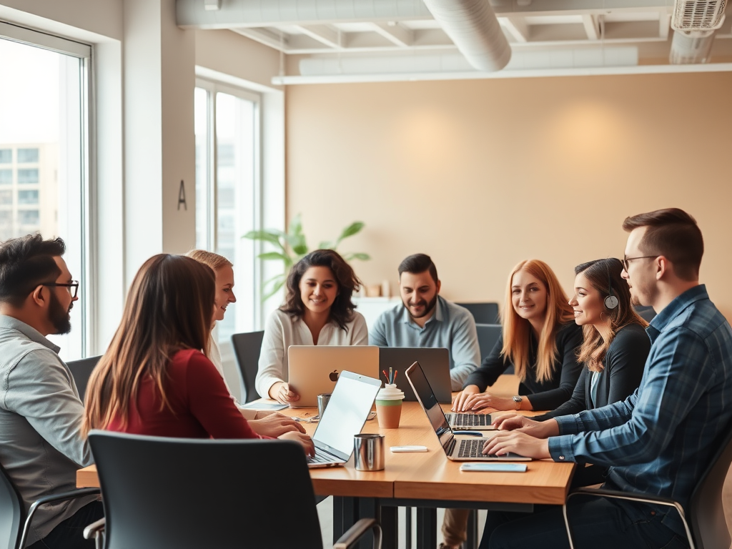 A diverse group of professionals in a modern office, engaged in lively discussion around laptops, bright natural light, warm and welcoming atmosphere, subtle AI-themed decor.