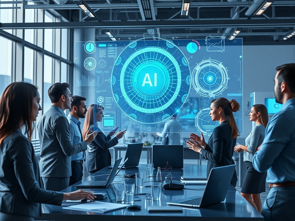 A modern professional workspace with diverse professionals engaging with futuristic AI holograms, digital charts, glowing neural network visuals, and sleek technology, bright and dynamic atmosphere.