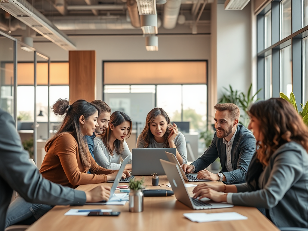 A diverse group of professionals in a modern office, engaged in lively discussion around laptops, bright natural light, warm and welcoming atmosphere, subtle AI-themed decor.