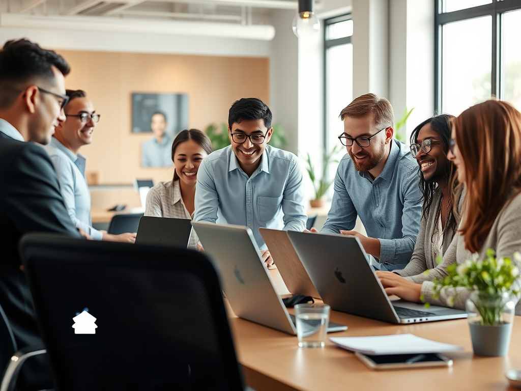 A diverse group of professionals in a modern office, engaged in lively discussion around laptops, bright natural light, warm and welcoming atmosphere, subtle AI-themed decor.