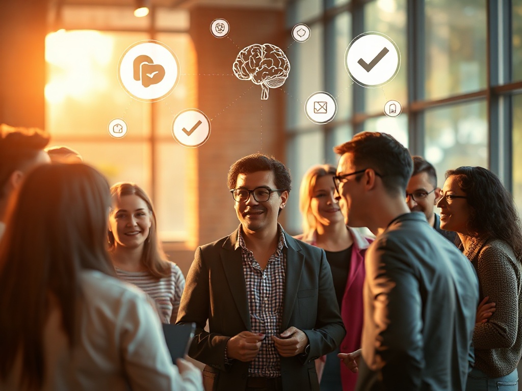Warm diverse professionals gathered, subtle brain-and-psychology icons hovering, empathetic conversations, checkmark and momentum symbols, hopeful lighting, depth of field.