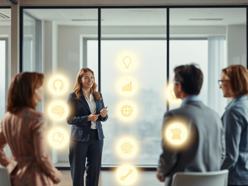 A calm female behavioral coach in modern office guiding a diverse group with glowing decision paths, nine branching steps, psychology icons as subtle symbols.