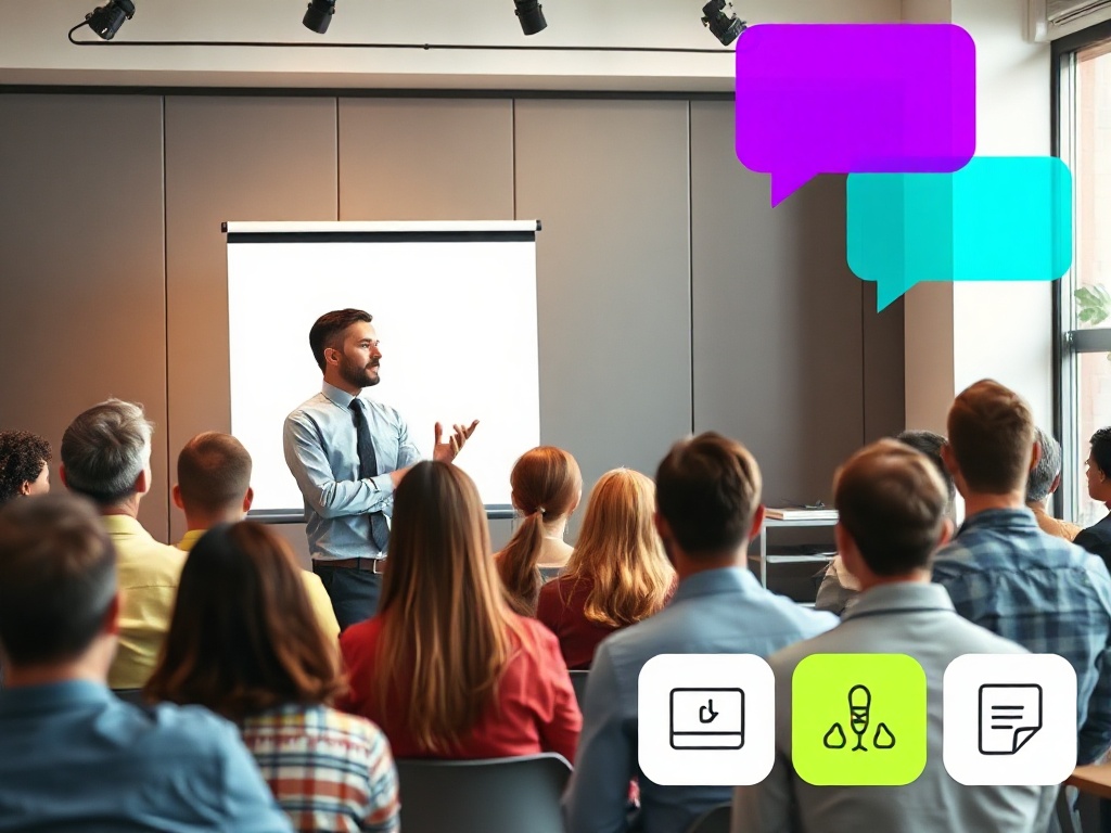 A professional trainer standing beside a flipchart, diverse audience listening, warm spotlight, subtle speech bubbles layers as colored transparent blocks, confident body language, varied communication media icons as abstract shapes, modern office backgro