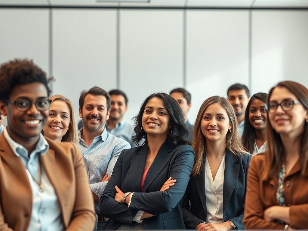 A diverse group of professionals in a bright meeting room, attentive faces, confident body language; subtle split-light showing message layers, warm testimonials vibe.