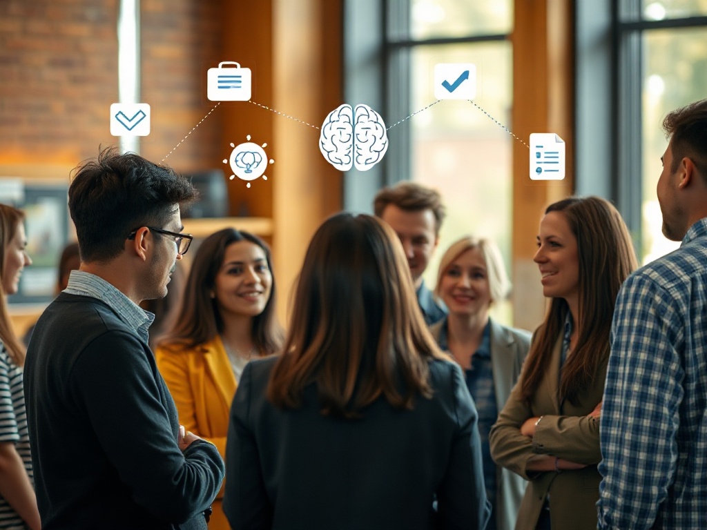 Warm diverse professionals gathered, subtle brain-and-psychology icons hovering, empathetic conversations, checkmark and momentum symbols, hopeful lighting, depth of field.