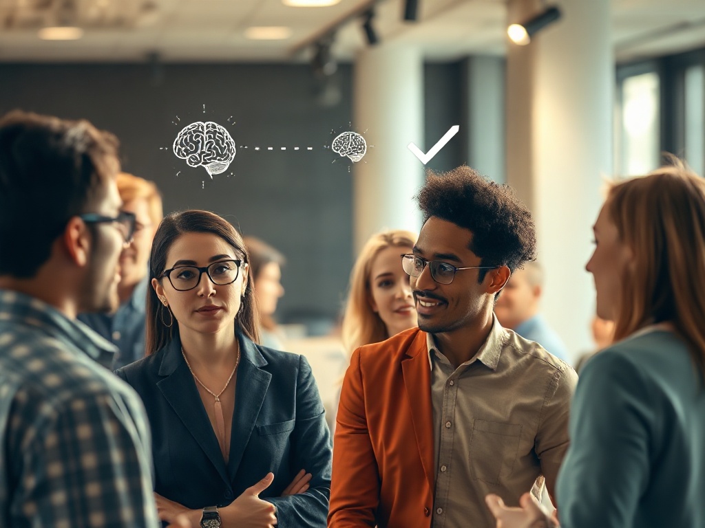 Warm diverse professionals gathered, subtle brain-and-psychology icons hovering, empathetic conversations, checkmark and momentum symbols, hopeful lighting, depth of field.