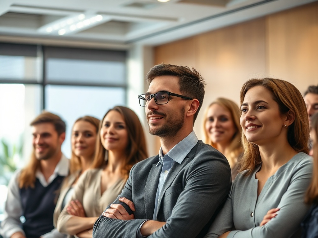 A diverse group of professionals in a bright meeting room, attentive faces, confident body language; subtle split-light showing message layers, warm testimonials vibe.