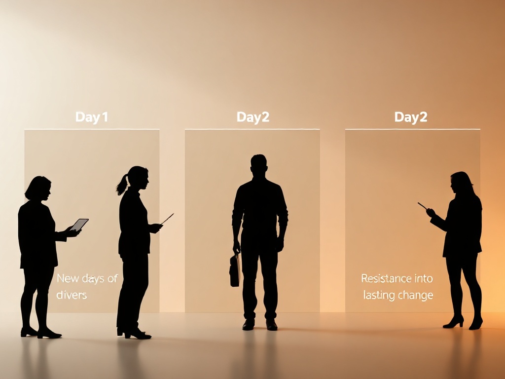 Three connected panels showing a professional guiding abstract people through stages—Day1 drivers, Day2 nudges and social influence, Day3 resistance into lasting change, warm lighting, minimalist icons, no logos"