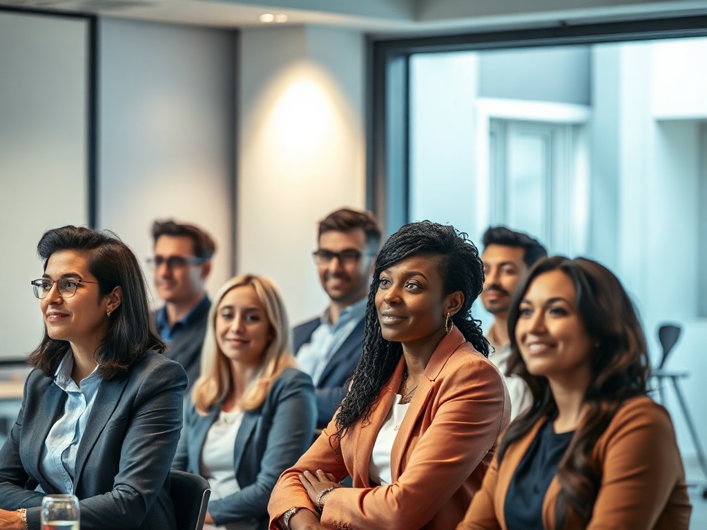 A diverse group of professionals in a bright meeting room, attentive faces, confident body language; subtle split-light showing message layers, warm testimonials vibe.