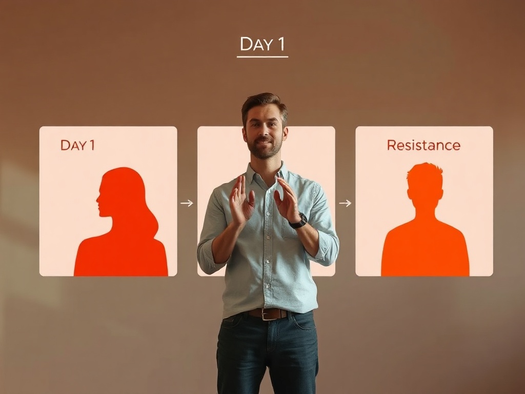 Three connected panels showing a professional guiding abstract people through stages—Day1 drivers, Day2 nudges and social influence, Day3 resistance into lasting change, warm lighting, minimalist icons, no logos"