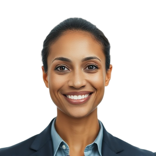 A person smiling to the camera with a white background looking like