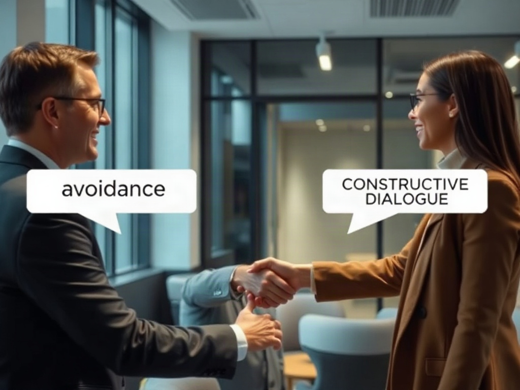 A calm coach and two coworkers in a circle, split lighting “avoidance” and “constructive dialogue,” subtle speech bubbles, warm handshake gesture, modern office background, cinematic focus.