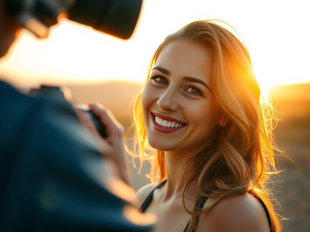 A candid woman portrait in golden-hour outdoor location, photographer guiding, relaxed smiles, natural light, shallow depth of field, warm cinematic color, close framing