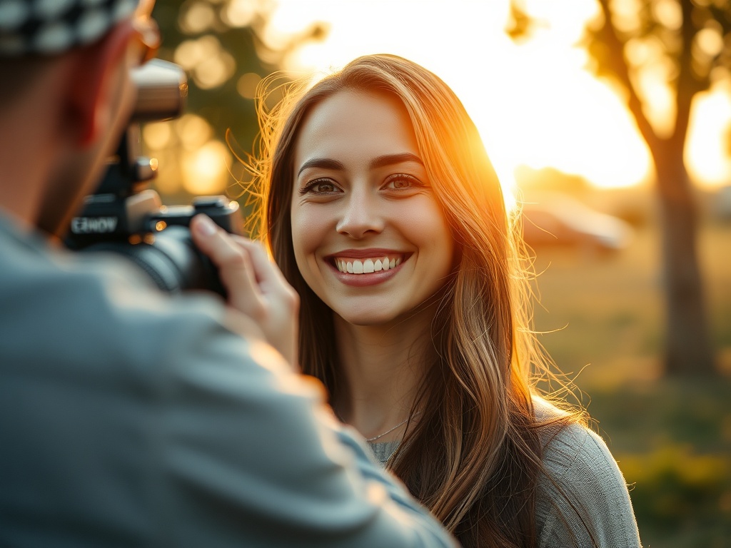 A candid woman portrait in golden-hour outdoor location, photographer guiding, relaxed smiles, natural light, shallow depth of field, warm cinematic color, close framing