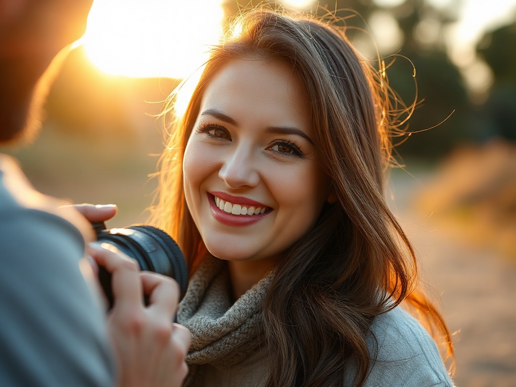 A candid woman portrait in golden-hour outdoor location, photographer guiding, relaxed smiles, natural light, shallow depth of field, warm cinematic color, close framing