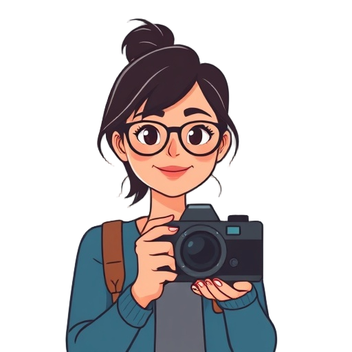 Carefully describe an image in great detail that needs to be generate, use quotes to split visual things. "woman" "camera" "location"