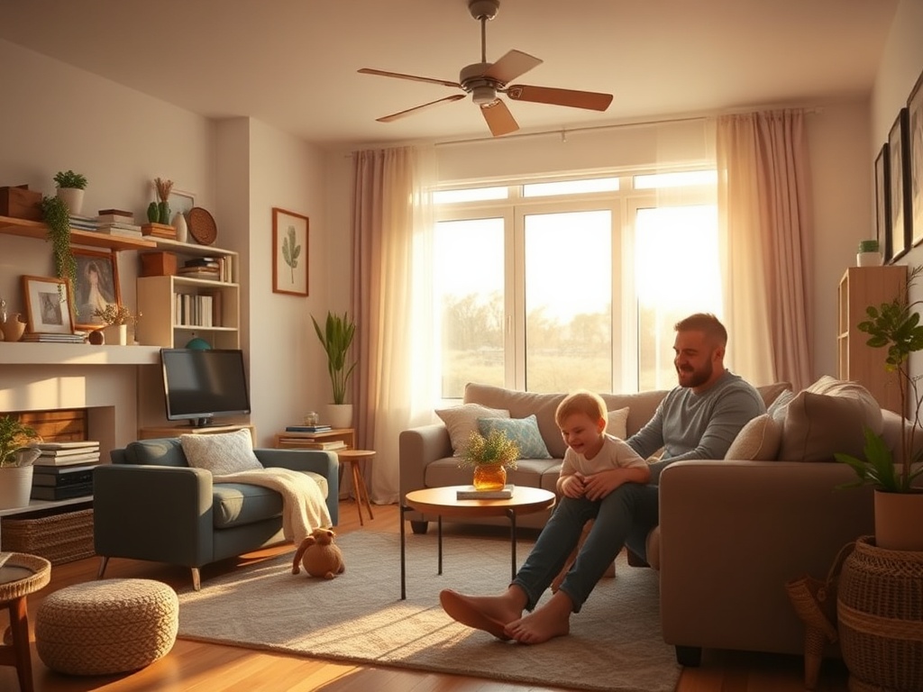 "A warm, cozy family living room at dawn, soft natural light, organized clutter-free space, parents smiling with kids, subtle planner icons, gentle family routine vibe."