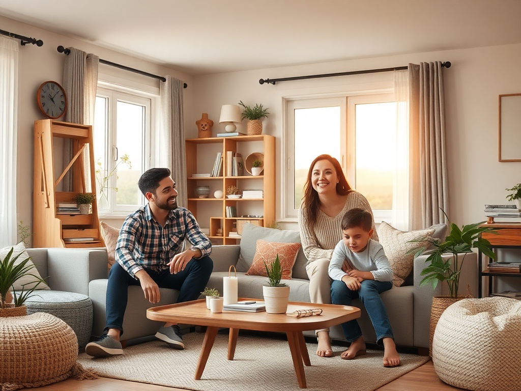 "A warm, cozy family living room at dawn, soft natural light, organized clutter-free space, parents smiling with kids, subtle planner icons, gentle family routine vibe."