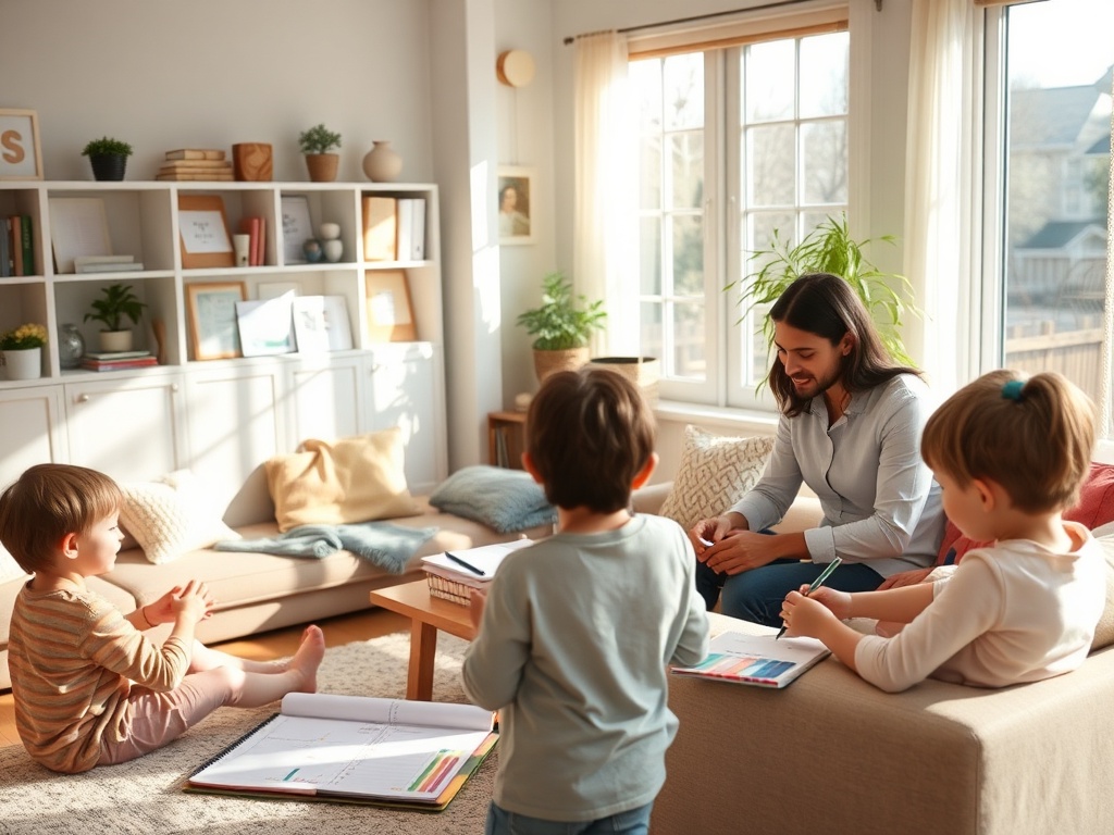 "A serene, sunlit family living room, organized chaos tamed