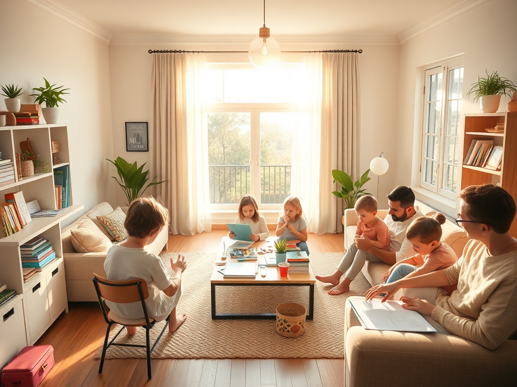 "A serene, sunlit family living room, organized chaos tamed