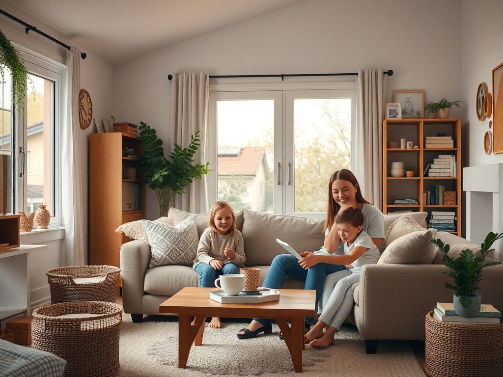 "A warm, cozy family living room at dawn, soft natural light, organized clutter-free space, parents smiling with kids, subtle planner icons, gentle family routine vibe."