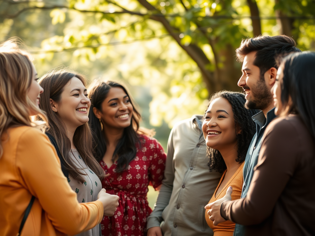A warm, inviting group of diverse people smiling and engaging in a friendly conversation outdoors, soft sunlight filtering through trees, relaxed body language.