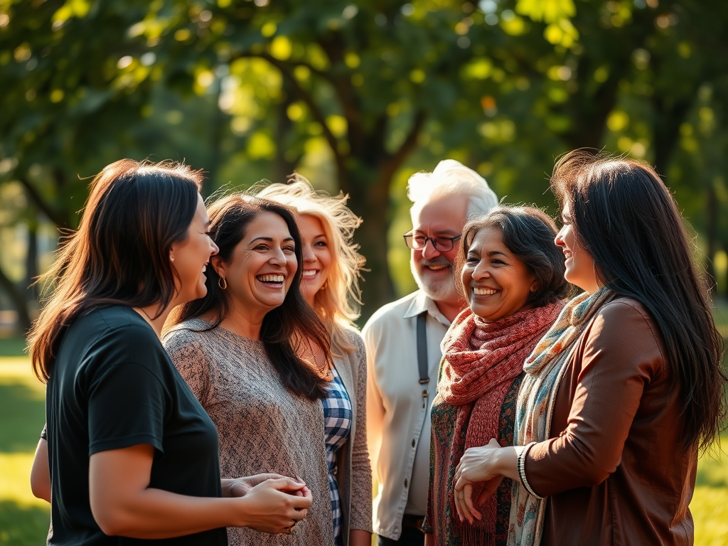 A warm, inviting group of diverse people smiling and engaging in a friendly conversation outdoors, soft sunlight filtering through trees, relaxed body language.