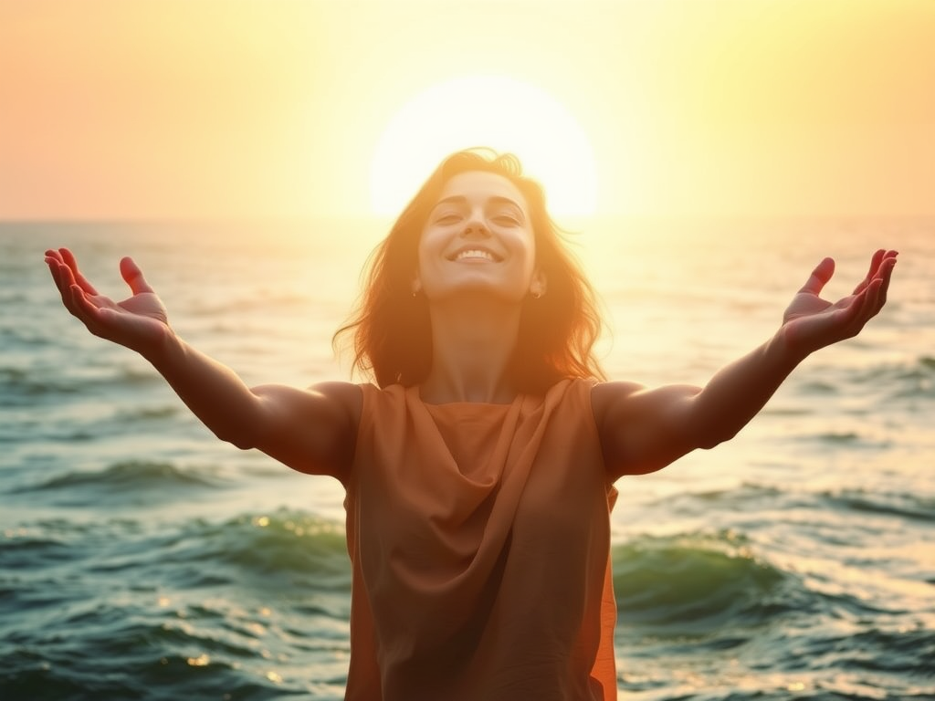 A serene person glowing with confidence, surrounded by "soft light," "calm nature," "gentle waves," and "open arms," symbolizing growth and freedom.