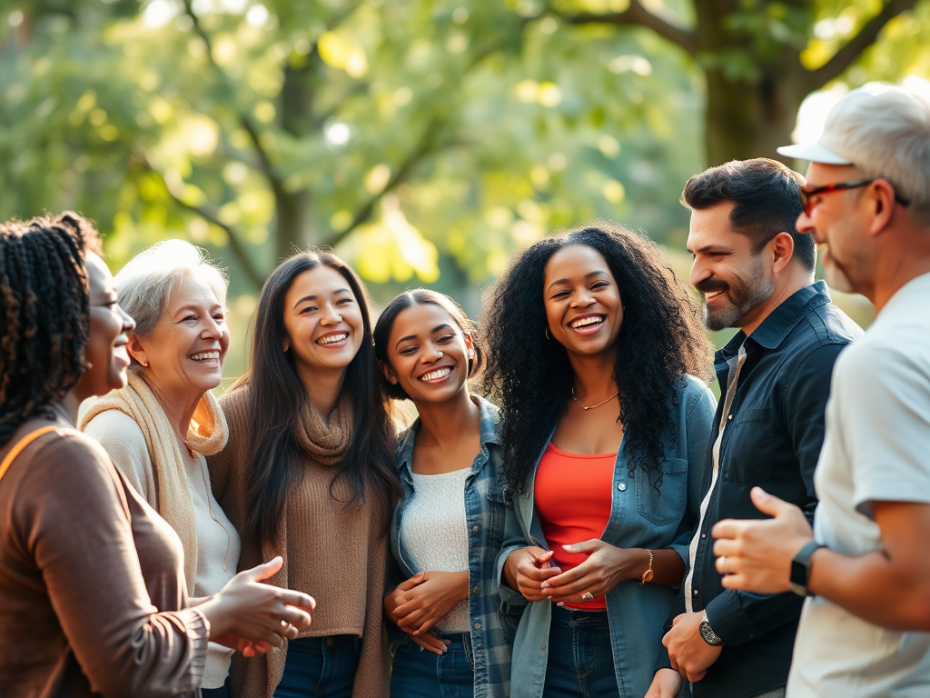A warm, inviting group of diverse people smiling and engaging in a friendly conversation outdoors, soft sunlight filtering through trees, relaxed body language.