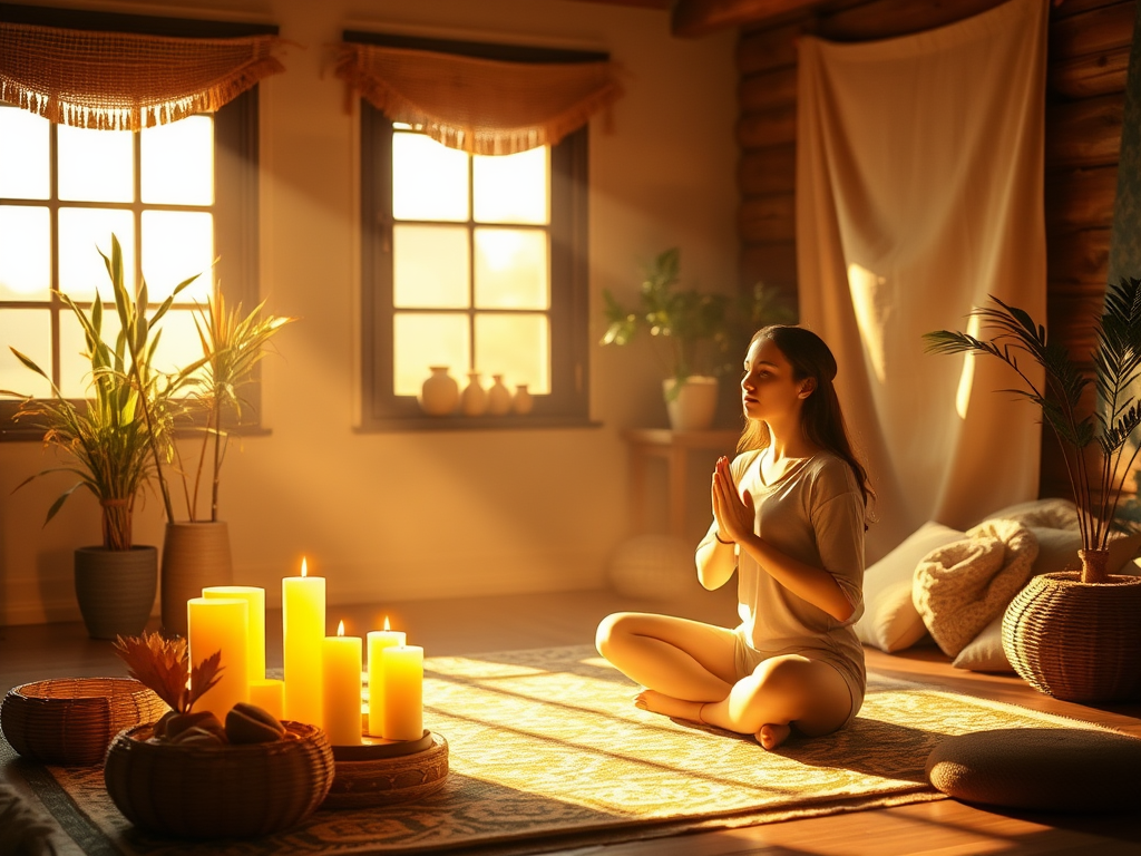 "A cozy room with glowing vanilla scent sticks, warm golden light," "rich praline chocolates with caramel drizzle," "a serene person practicing breathwork surrounded by soft energy waves."