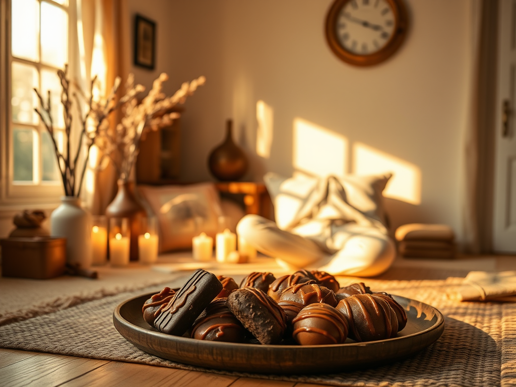 "A cozy room with glowing vanilla scent sticks, warm golden light," "rich praline chocolates with caramel drizzle," "a serene person practicing breathwork surrounded by soft energy waves."