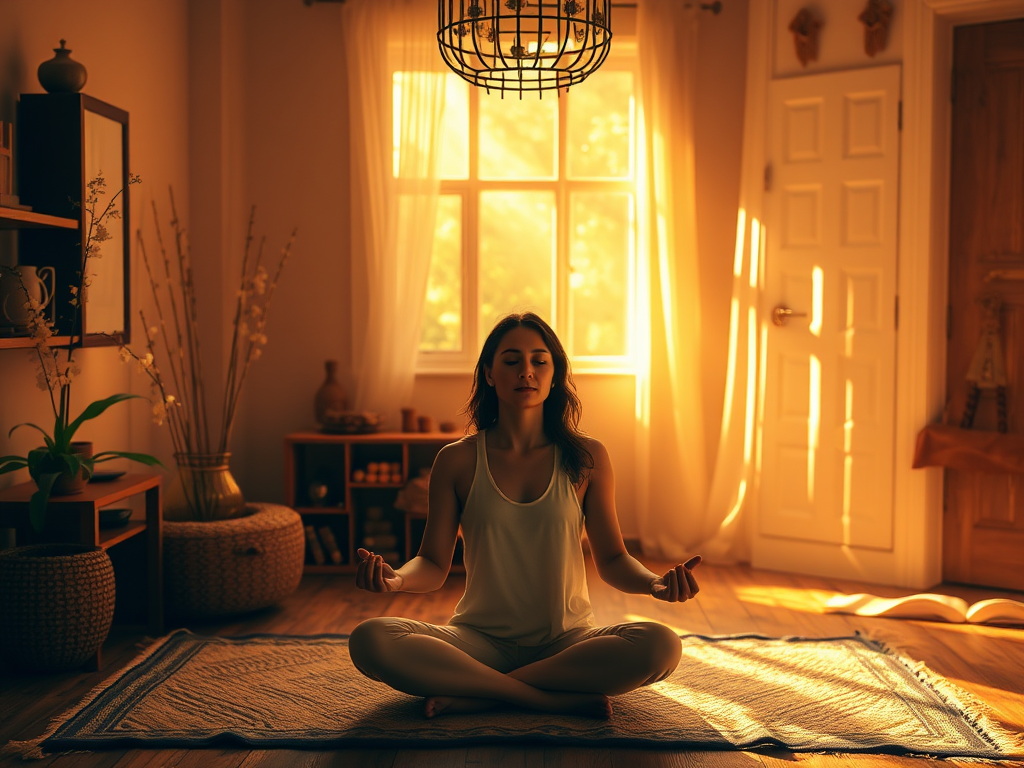 "A cozy room with glowing vanilla scent sticks, warm golden light," "rich praline chocolates with caramel drizzle," "a serene person practicing breathwork surrounded by soft energy waves."