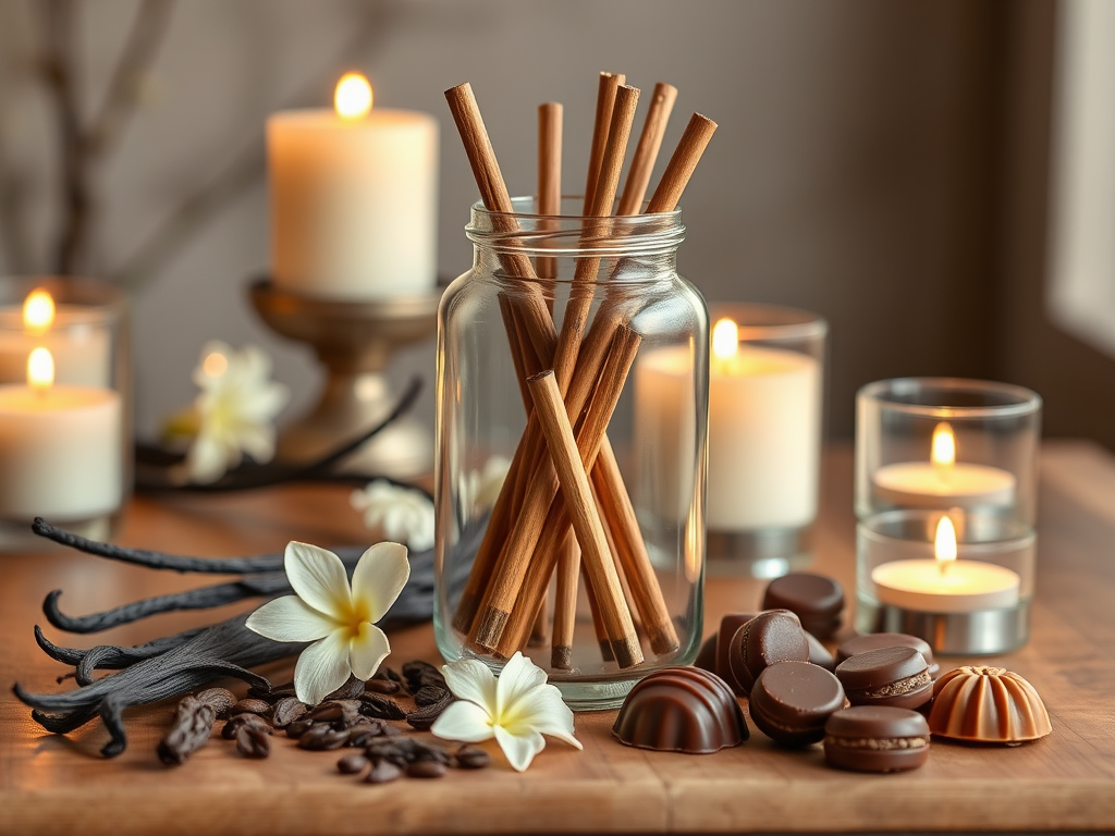 "Elegant glass jar" filled with "vanilla praline fragrance sticks," surrounded by "soft candlelight," "delicate vanilla beans," and "luxurious praline chocolates" on a wooden table.