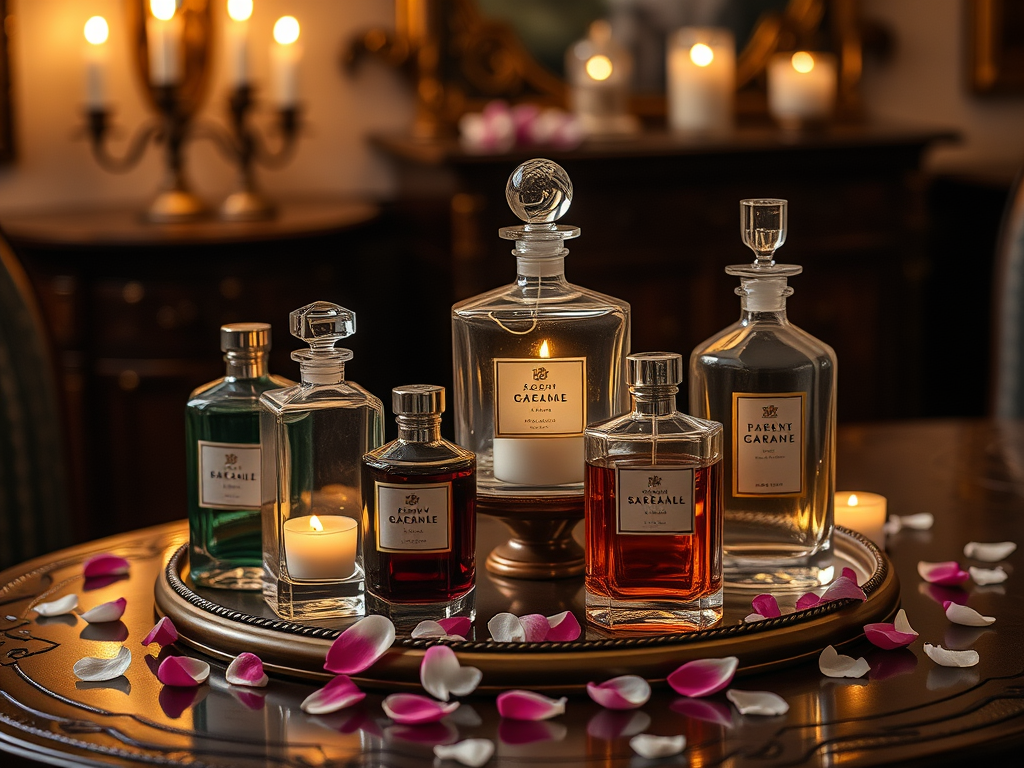 "luxurious perfume bottles" arranged on "ornate wooden table" with "soft glowing candlelight" and "delicate flower petals" scattered around.
