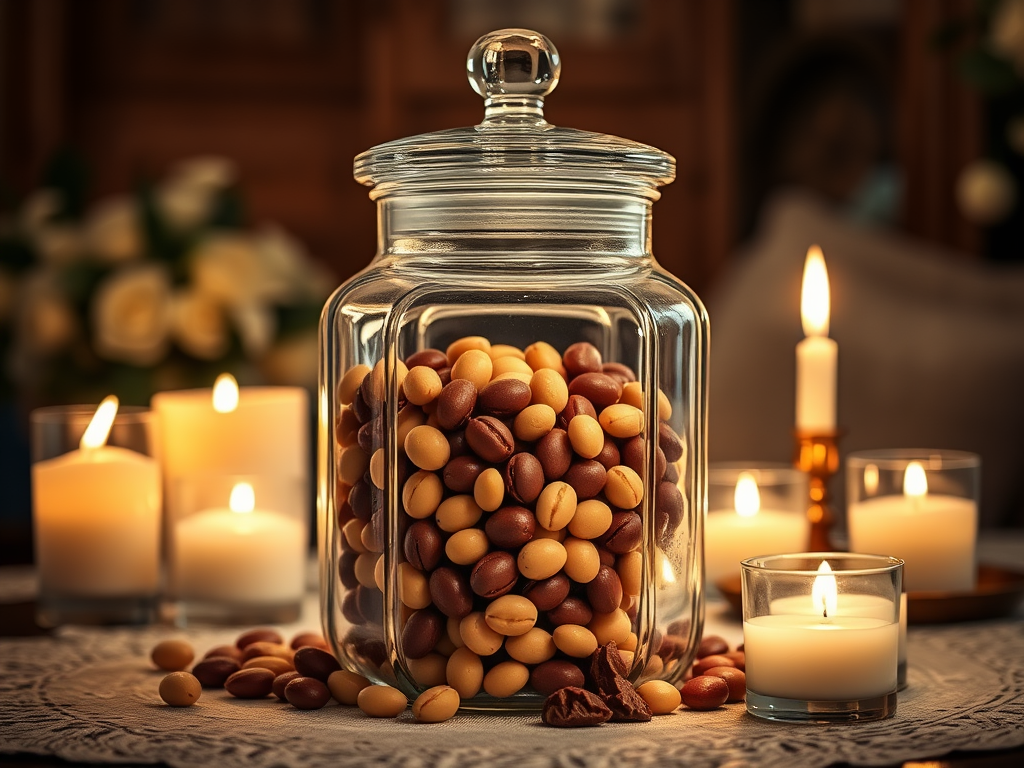 "elegant glass jar" with "vanilla beans" and "praline pieces" surrounded by "soft glowing candlelight" in a "cozy, luxurious French-style room."