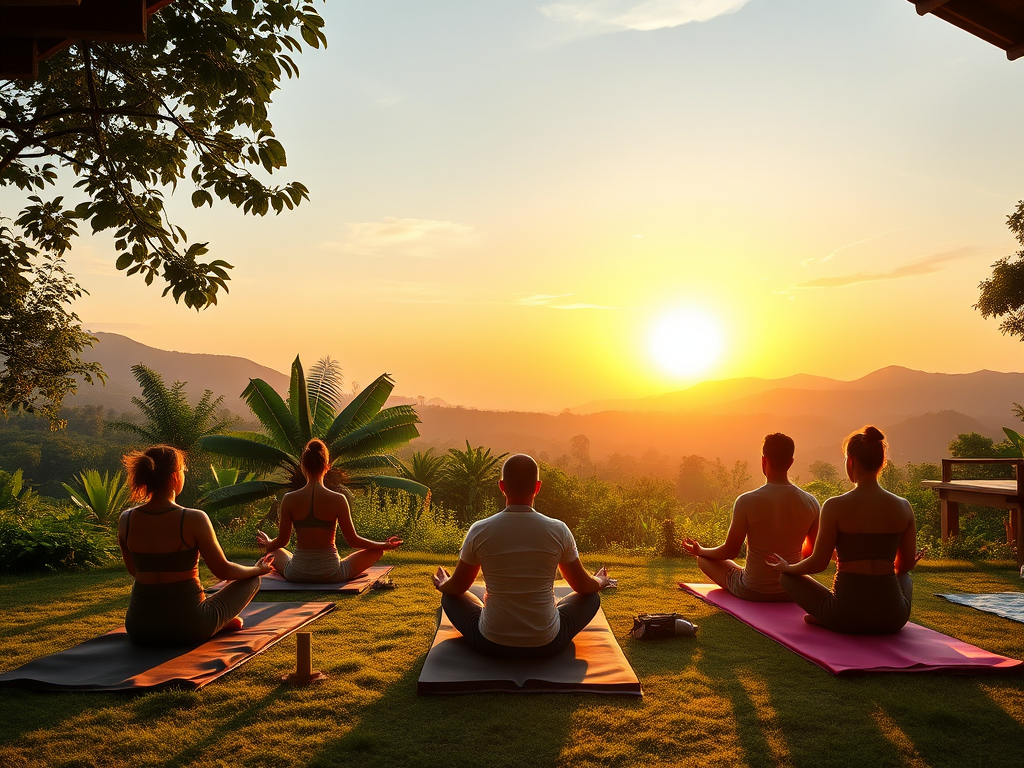 Een serene yoga-sessie bij zonsopgang in de natuur.