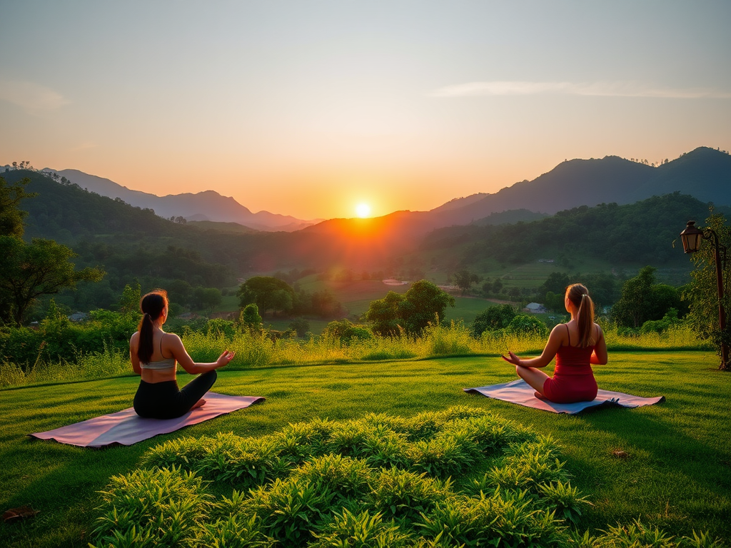 Vrouwelijke yogabeoefenaars mediteren bij zonsopgang in de natuur.