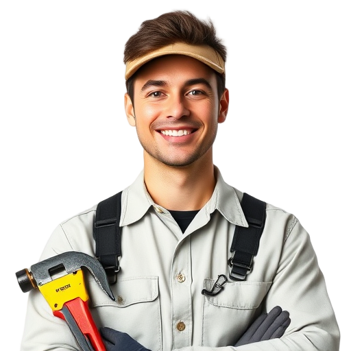 Een lachende persoon met een gereedschap in de hand.