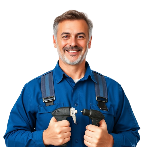 Een glimlachende persoon met gereedschap op een witte achtergrond.