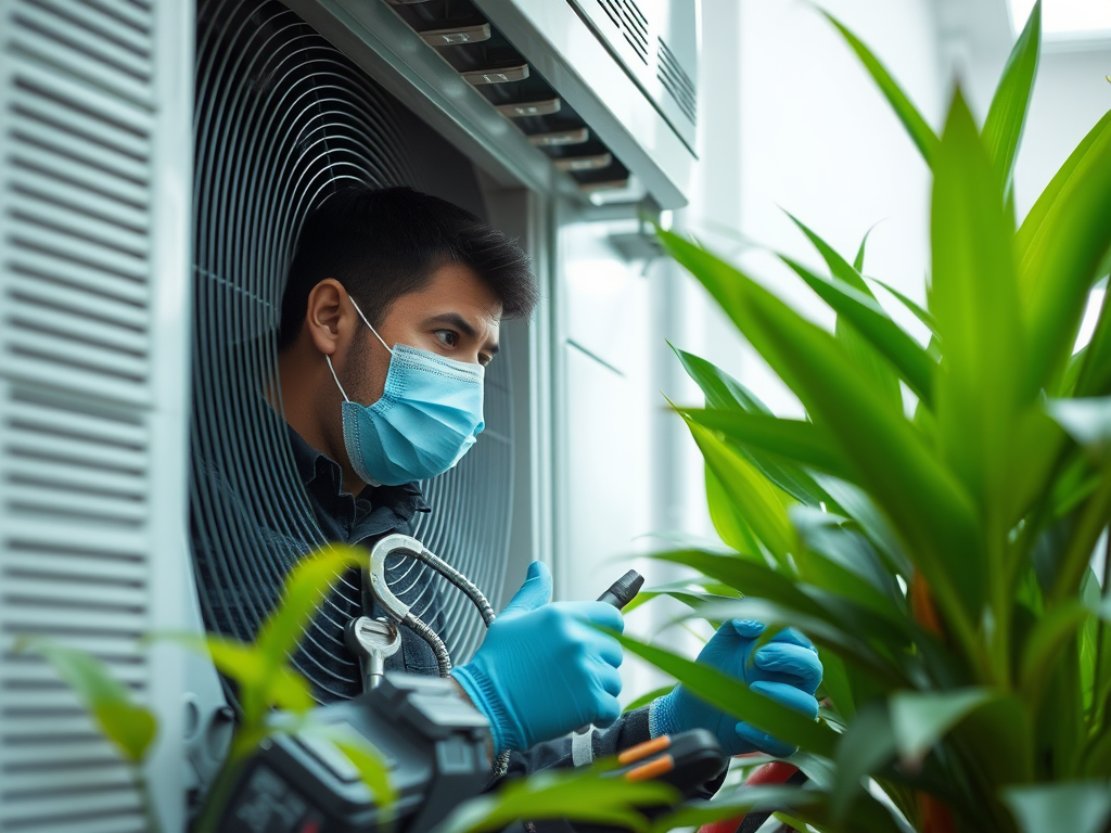 Technicus inspecteert airconditioning met gereedschap en planten.