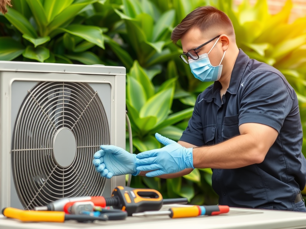 Technicus inspecteert een airconditioner omringd door gereedschap.