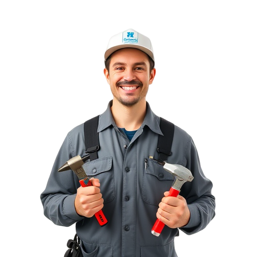 Een lachende persoon met gereedschap op een witte achtergrond.