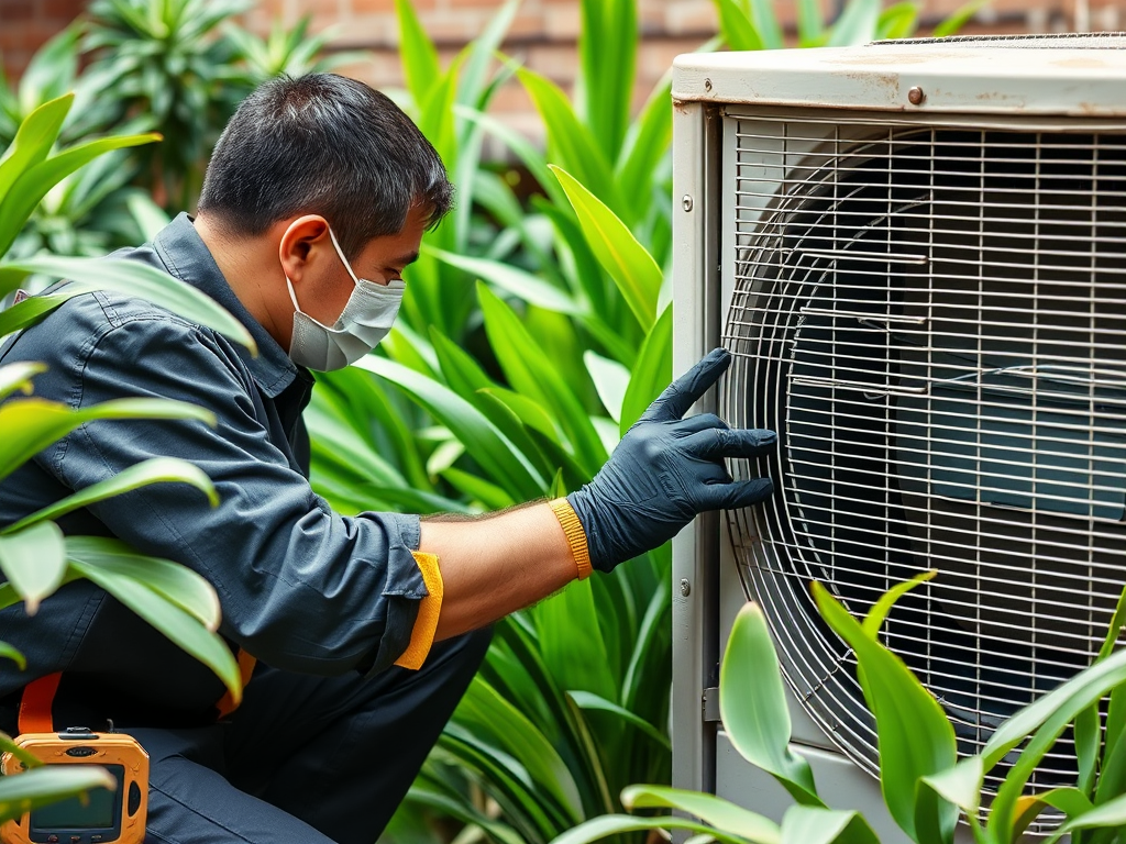 Een technicus inspecteert een airconditioningunit tussen groene planten.