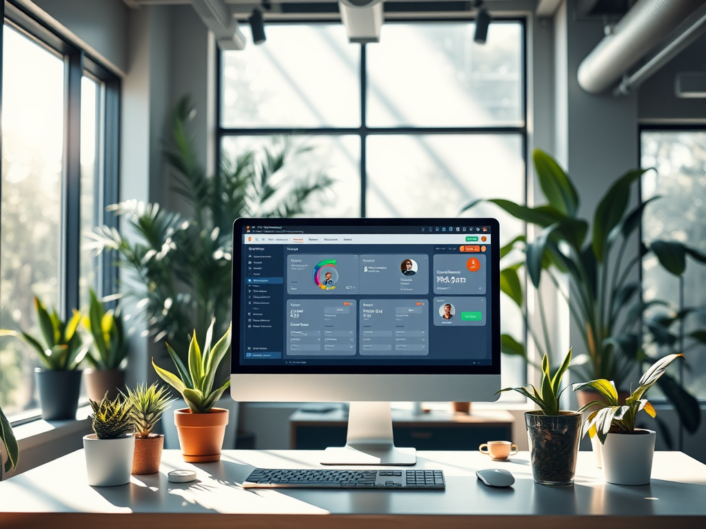 Een modern kantoor met een computer en veel planten.