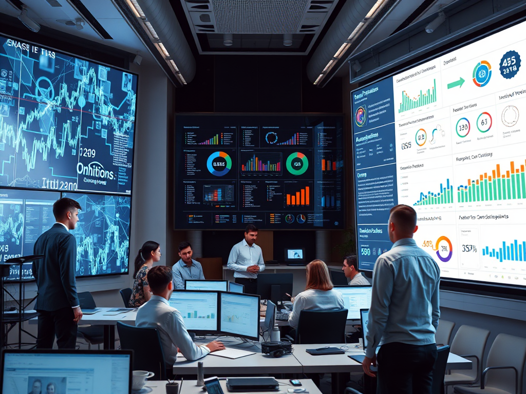 Een futuristisch kantoor met schermen en samenwerkende professionals.