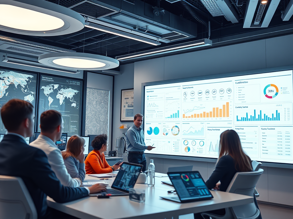 Een futuristisch kantoor met diverse professionals en datavisualisaties.